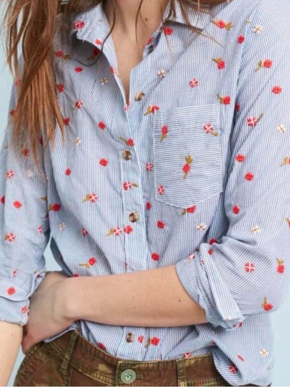 Maeve Agda Blue and White Striped Cotton Shirt with Red Floral Embroidery